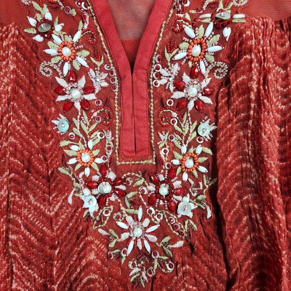 Soft Surroundings Tunic Top Women S Red Embellished Chiffon Beaded Boho Flowy - Picture 3 of 12